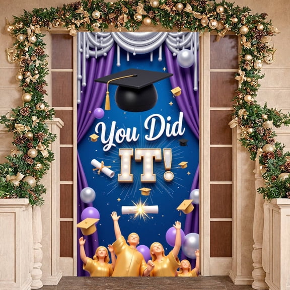 Gold Glitter Graduation Banner Navy Blue Graduation Backdrop Star Decoration Balloon Accent Graduation Display for High School Graduation College Graduation Indoor Celebration