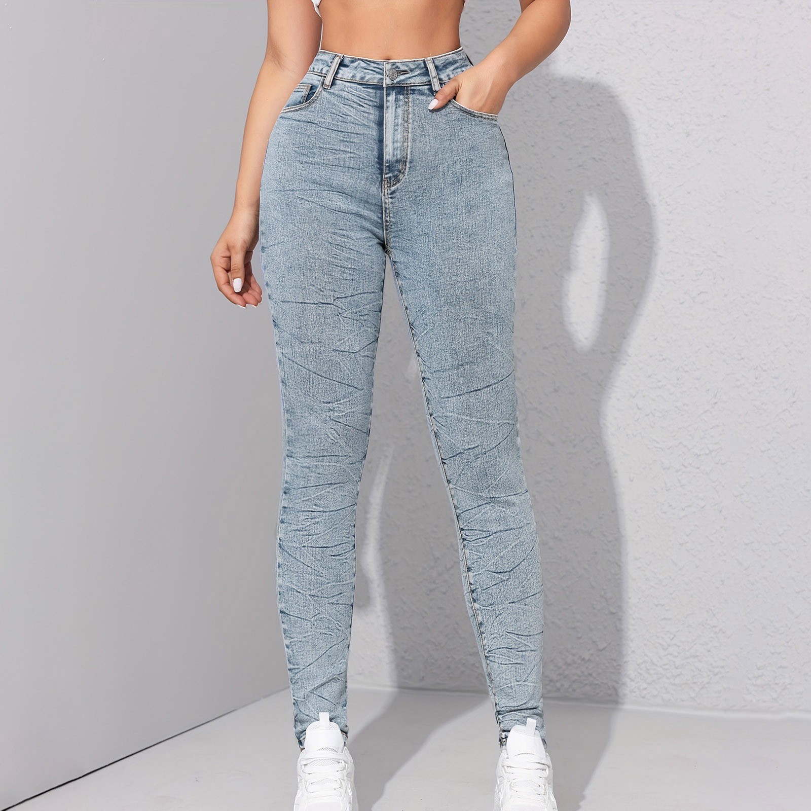 2024 Womens Light High Waisted Jeans Design Sense Wash Color Contrast ...