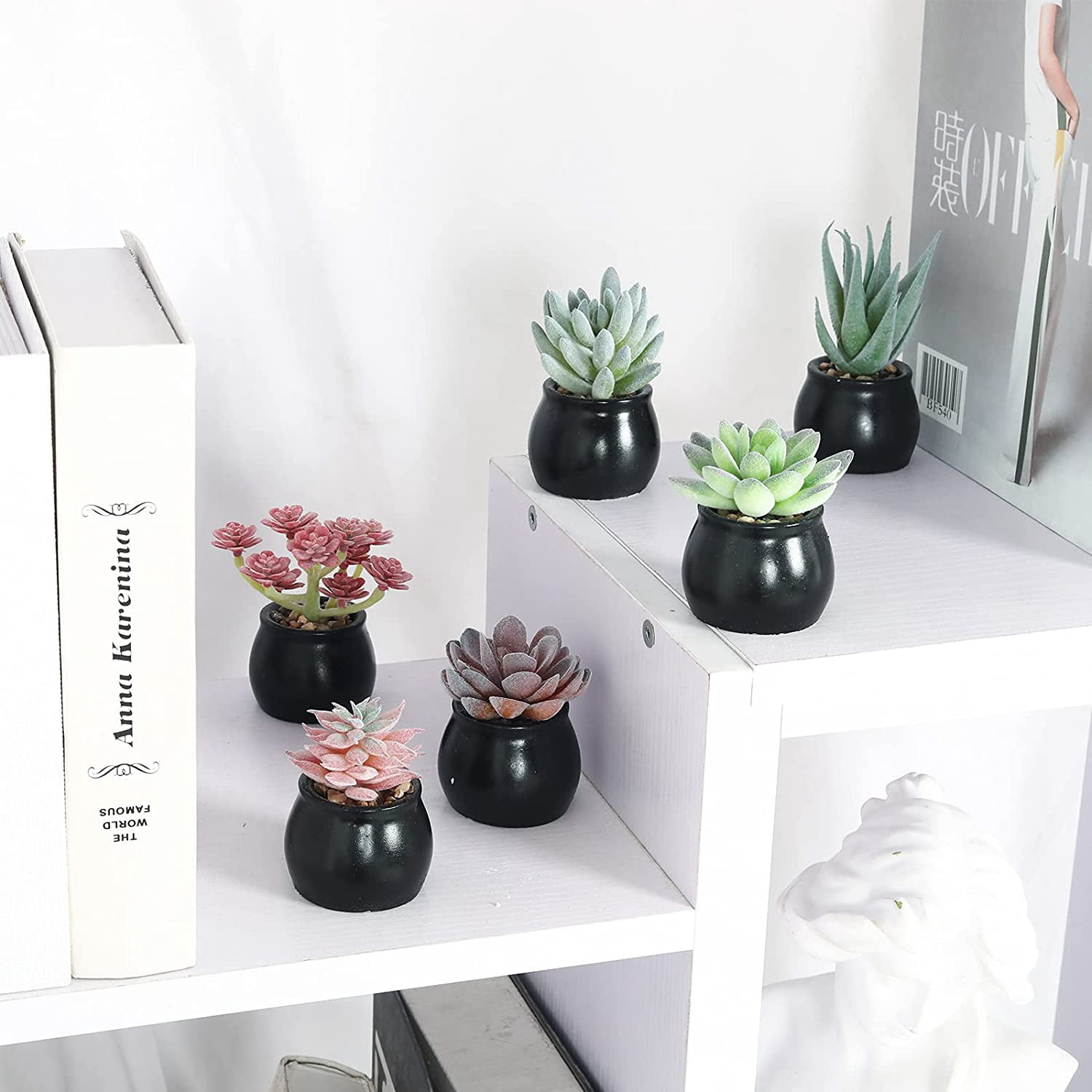 Mini Fake Succulent Plants Artificial Plastic Succulents Potted Faux Assorted Plants for Home Office Table Decoration, Set of 6 (White Plastic Pots)