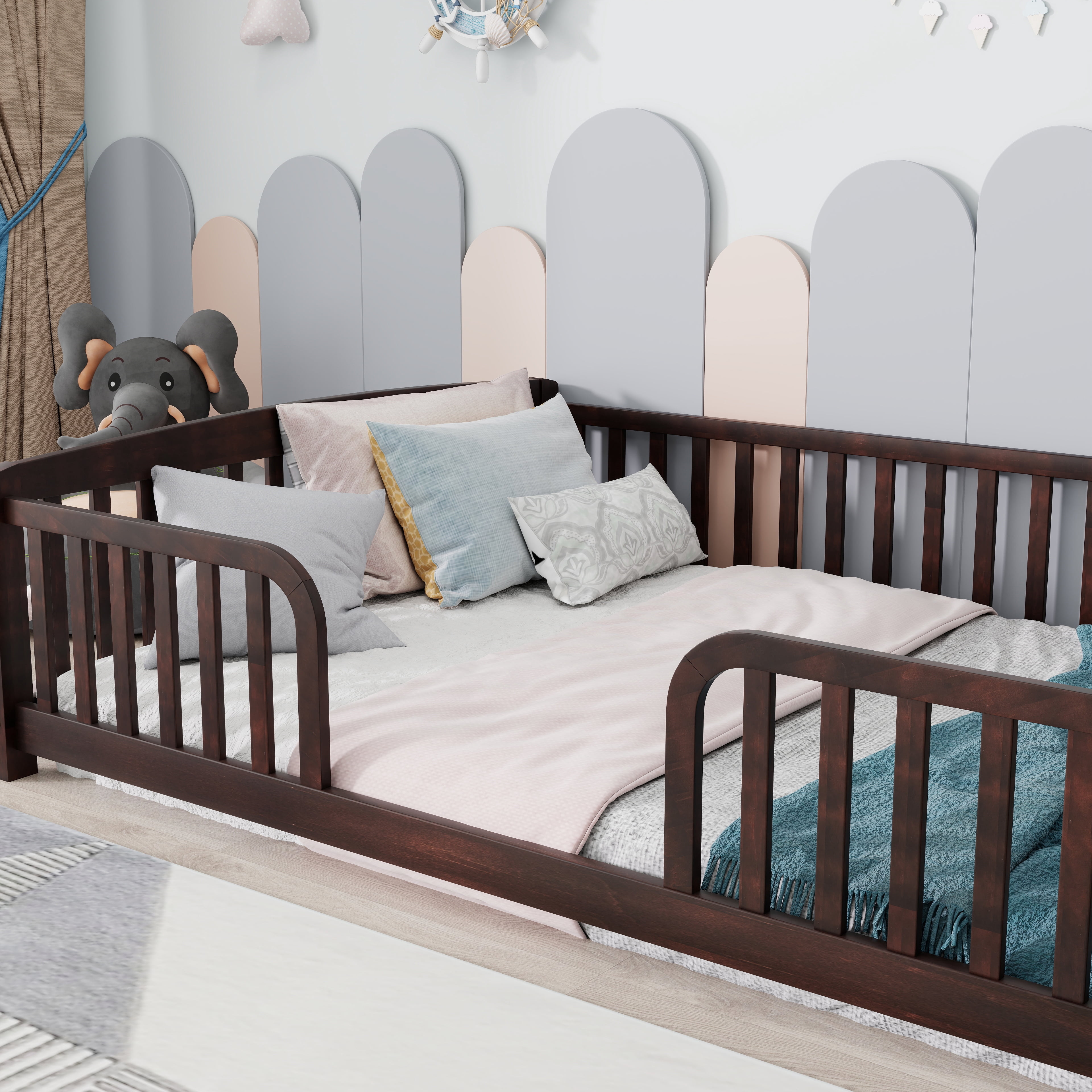 Mintazer Full Size Toddler Floor Bed with Guardrails & Central Entrance, Espresso