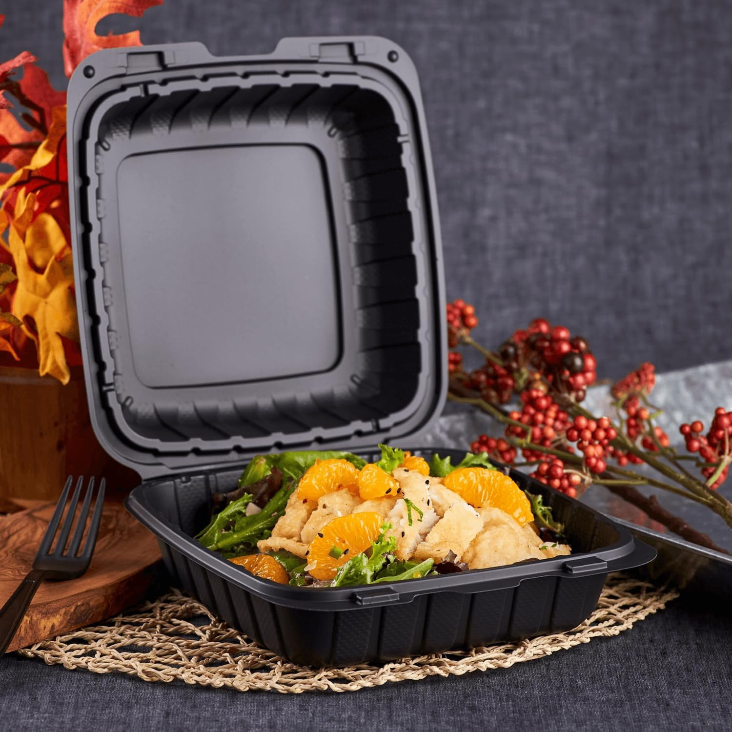 Snackle Box 80 Pack 8x8" 3-Compartment Clamshell Takeout Containers – Heavy-Duty Bagasse (Sugarcane), Microwave & Freezer Safe Bagasse Eco-friendly To Go Boxes 8x8