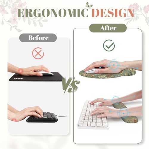 Tekola Desk Mat Set,Large Mouse Pad with Wrist Rest,Ergonomic Keyboard Wrist Support for Women,Girly Floral Computer Mat with Scalloped Edges,Non-Slip Desk Pad Home Office Gaming (Green)