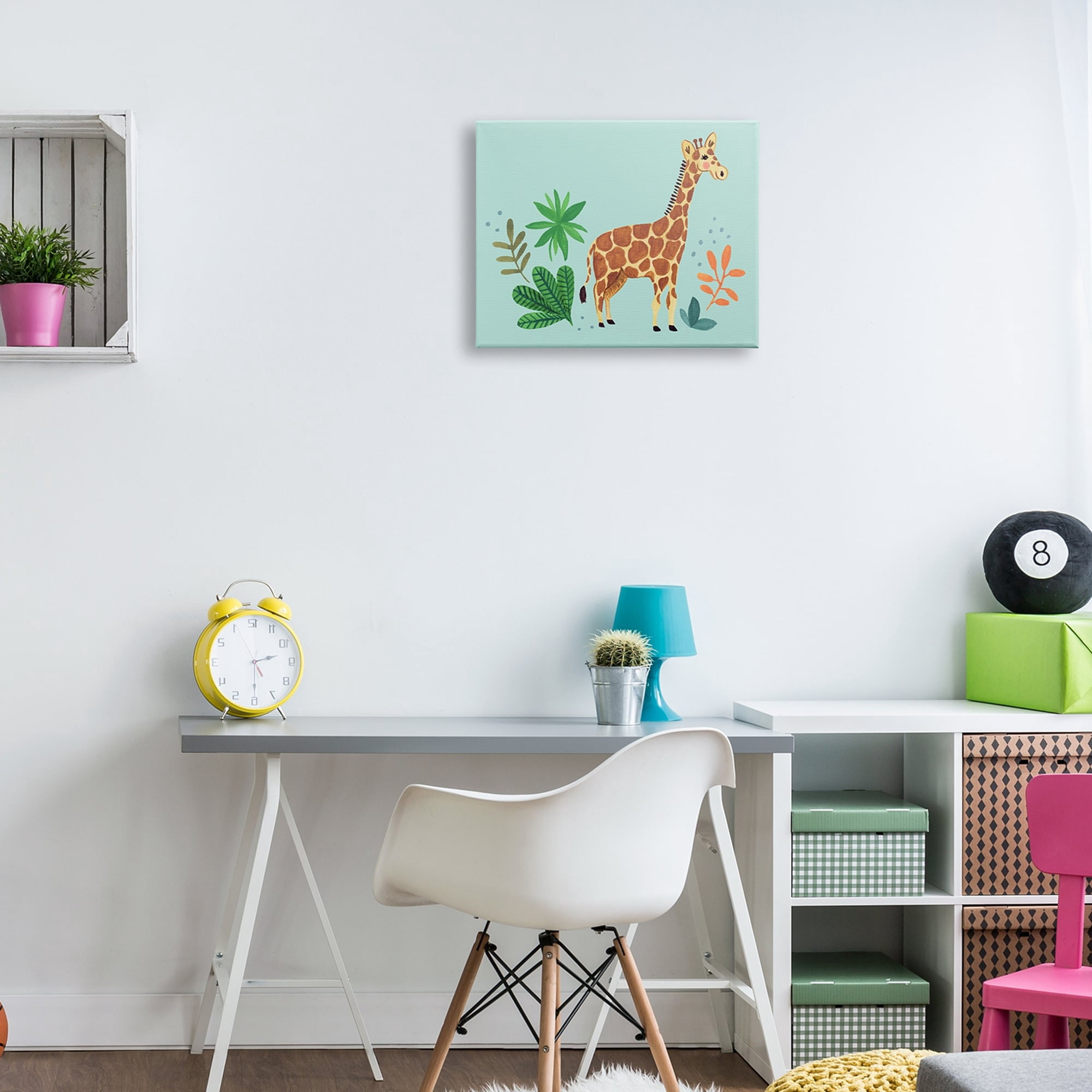 Stupell Industries Endearing Giraffe Floral Botanicals Turquoise Background Kids Painting Gallery-Wrapped Canvas Print Wall Art, 20 x 16, Design by Heather Strianese