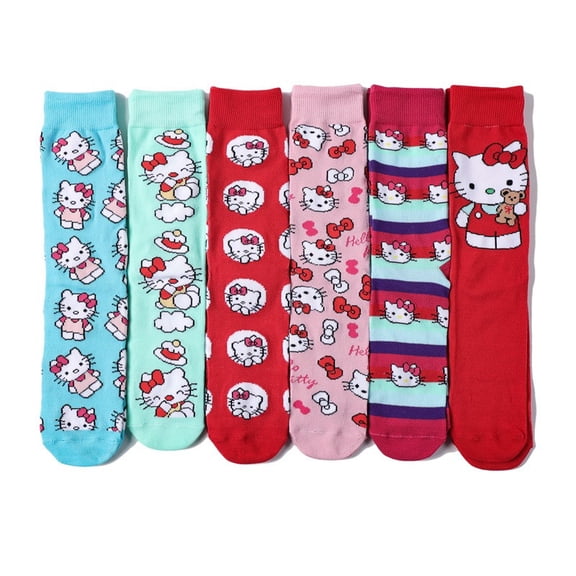 Playful bow cat solid color stripes Anime Cute Cartoon Socks - 6-Pair Pack Comfortable and Breathable Mid-Calf Socks for All Seasons Perfect Birthday or Christmas Gift for Movie Lovers