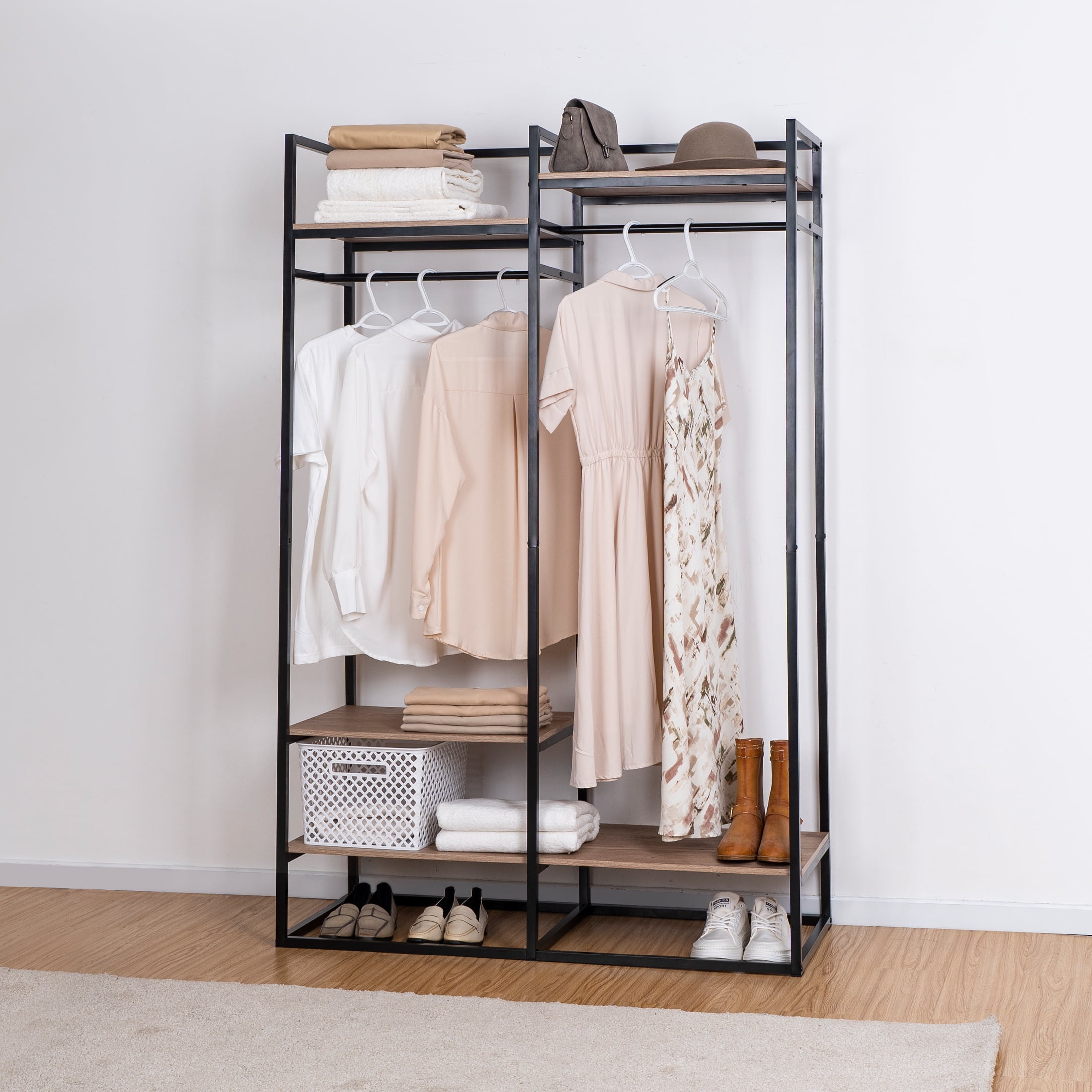 Better Homes Gardens Jace Freestanding Metal 2 Rod Garment Rack with 4 Wooden Shelves Black Walmart