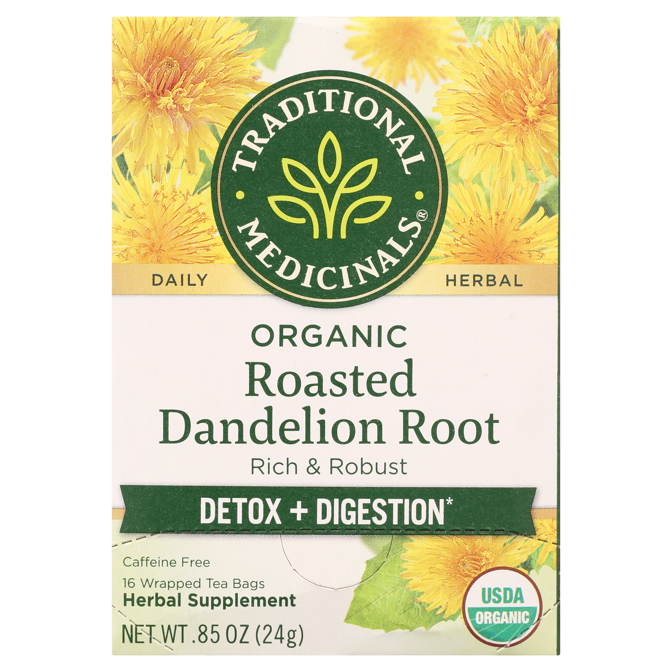 Traditional Medicinals Organic Roasted Dandelion Root Herbal Tea Bags, 16 Count