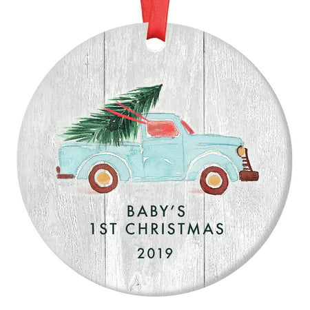 Babys First Christmas Ornament 2019, Newborn Boy or Girl Baby's 1st Gift Ideas New Baby, Blue Pickup Truck Xmas Tree Ceramic Farmhouse 3