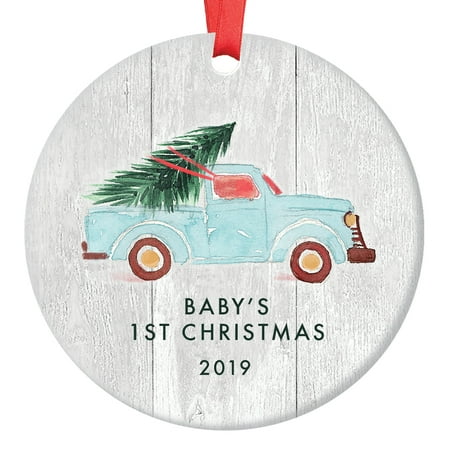 Christmas Gift Ideas Under $25 Babys First Christmas Ornament 2019, Newborn Boy or Girl Baby's 1st Gift Ideas New Baby, Blue Pickup Truck Xmas Tree Ceramic Farmhouse 3