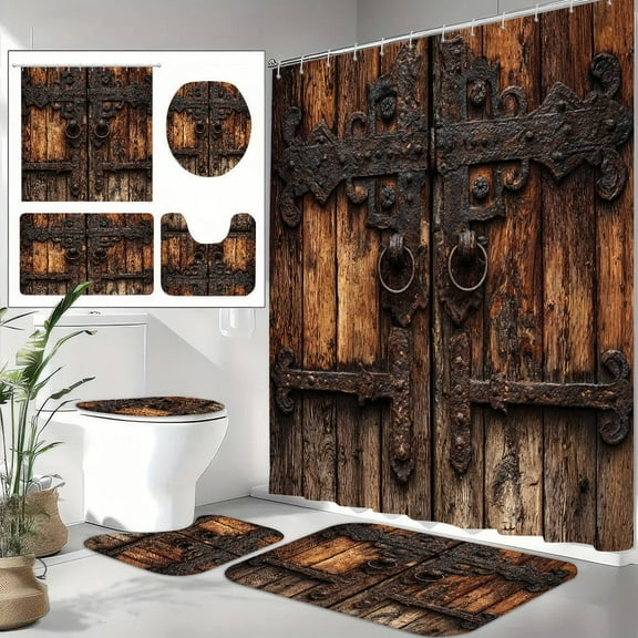4pcs Vintage Wooden Door Pattern Shower Curtain Set, Non Slip Floor Mat, Toilet U-shaped Pad, Toilet Lid Pad, Bathroom Decor Accessories, Bath Curtain With 12 Hooks, 70.8x70.8 Inches