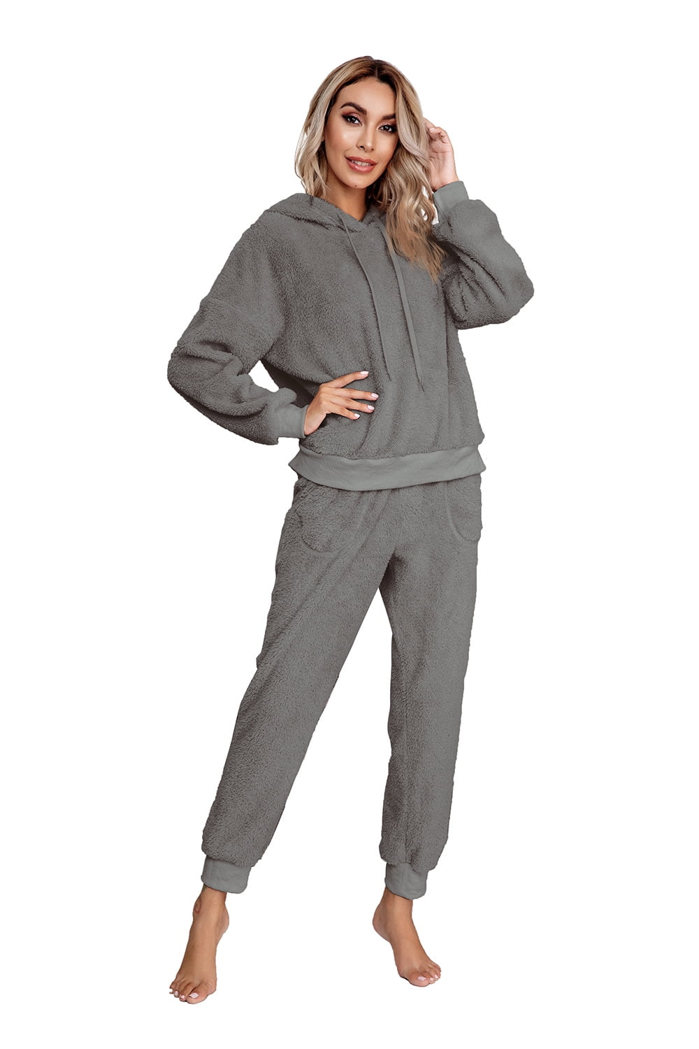 Womens Fuzzy Sherpa Fleece Pajamas Set, Long Sleeve Hoodies Pajama