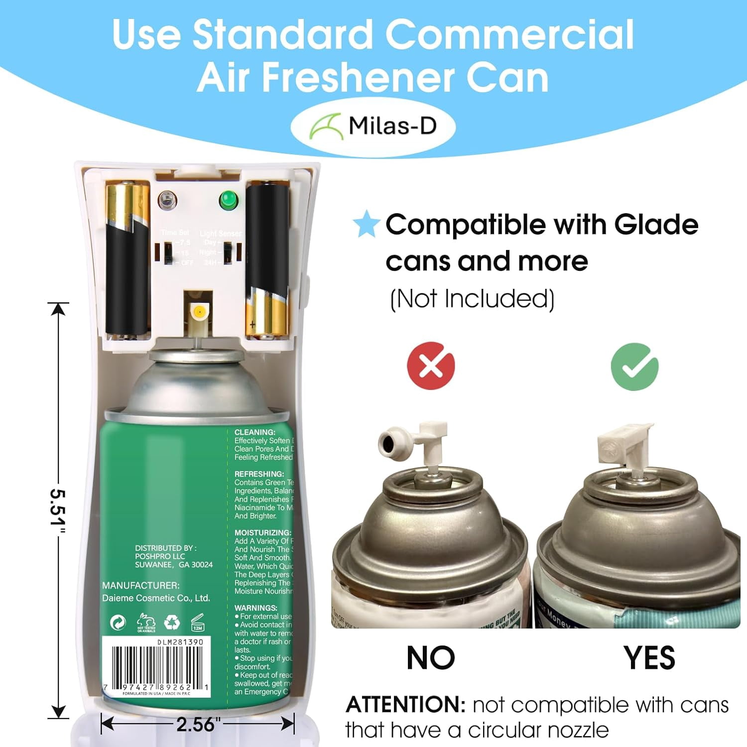 Automatic Air Freshener Spray Dispenser, Custom Timing (Day/Night/24H, 7.5/15 min interval), Wall Mounted or Free Standing, for Home and Commercial, Compatible with Glade Refill Can, White,