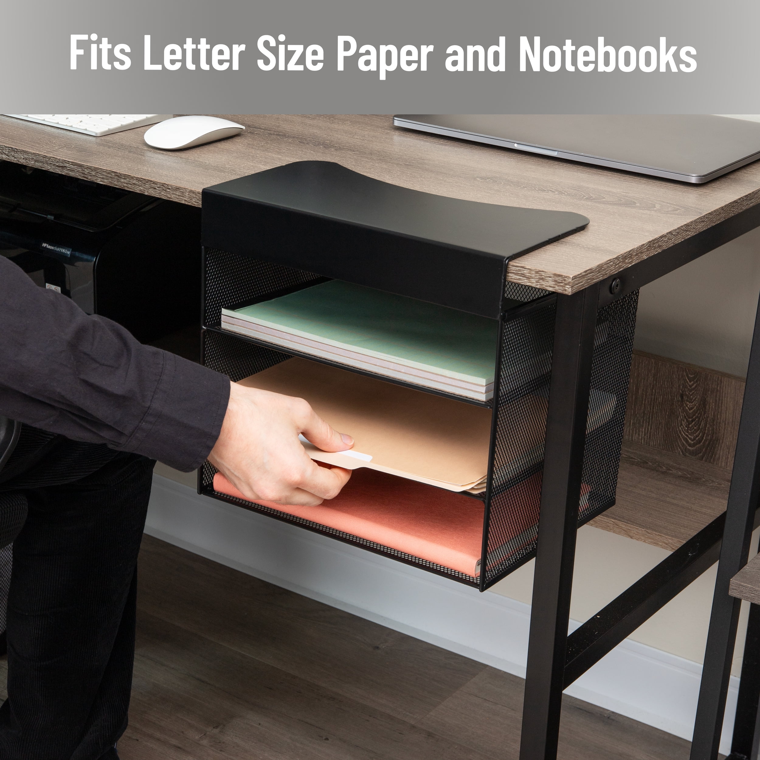 Mind Reader Slide-on Under Desk File Organizer, No Tools Required, Hanging Storage, Metal, Black
