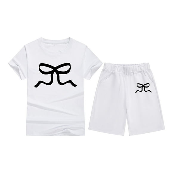 YOUSNH Outfit for Kids Children's Short Sleeve Bow Print Candy Color Comfy Children's Round Neck T Shirt Girls Casual Set WH2 4-5 Years