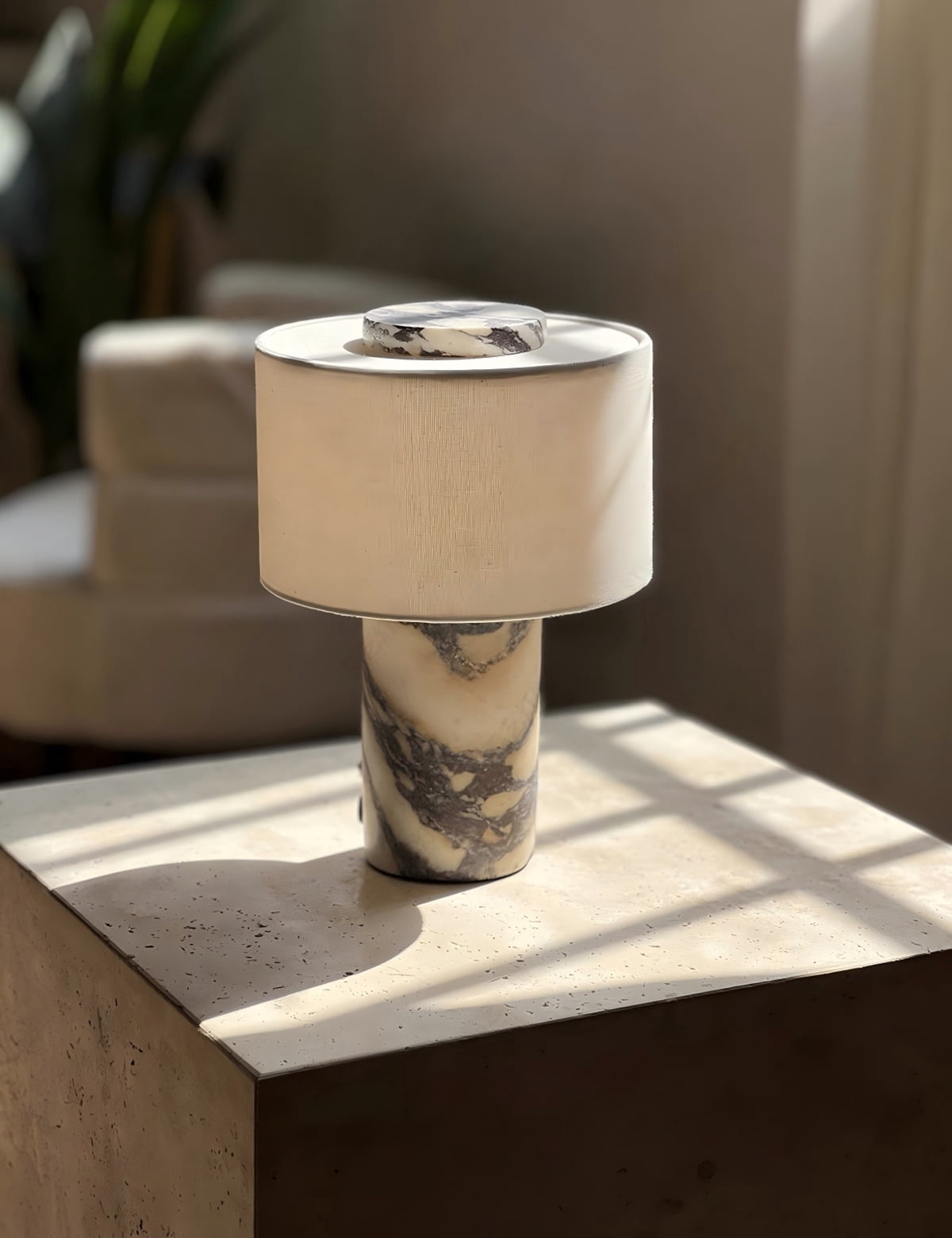 Luxury  Rechargeable Touch Marble Table Lamp, Calacatta Viola Natural  Stone & Cylindrical Linen Lampshade, High-End Night Light for Bedroom Bedside, Living, Console