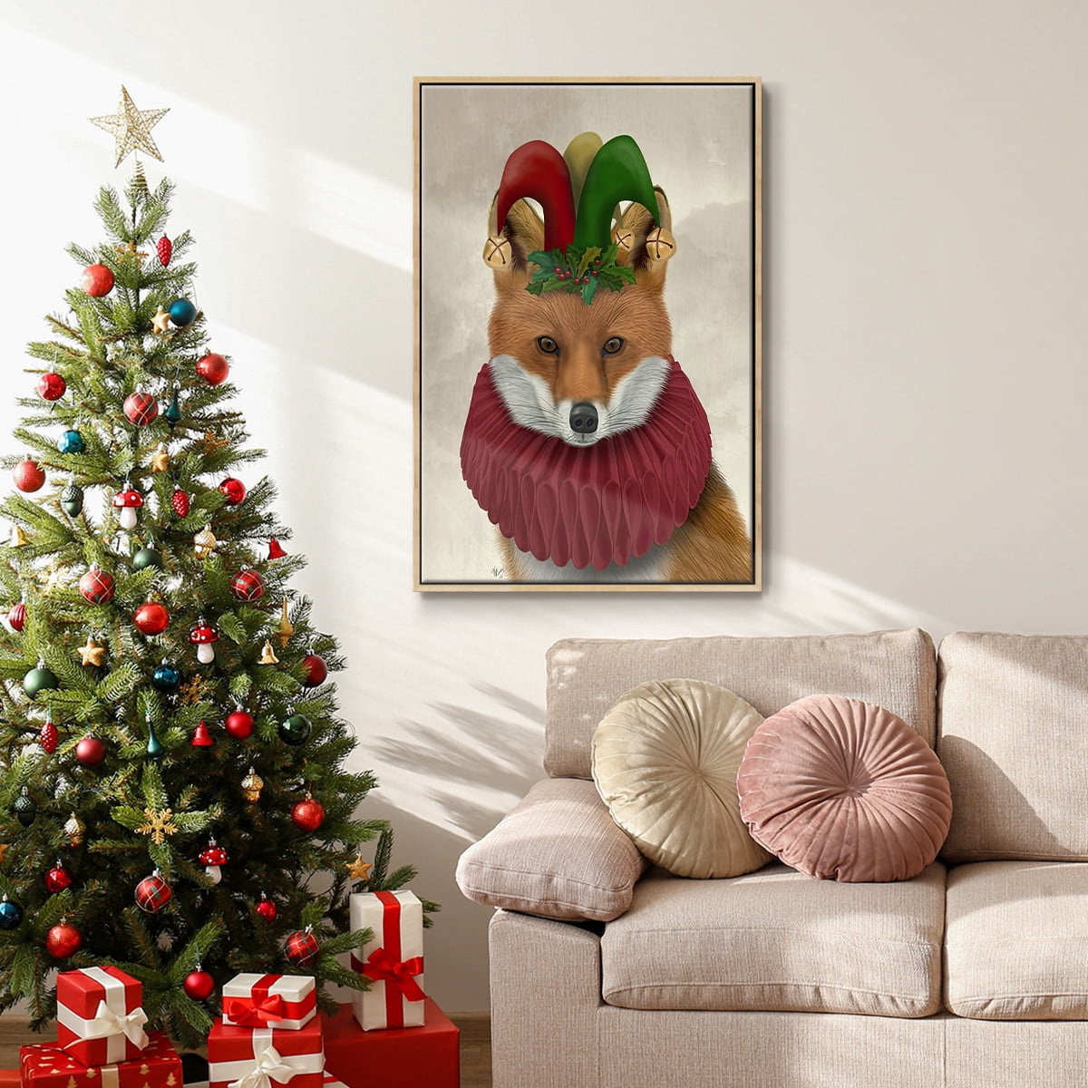 Christmas Foxy Christmas Fool - Framed Gallery Wrapped Holiday Canvas - 27 x 41 - Natural Wood Frame