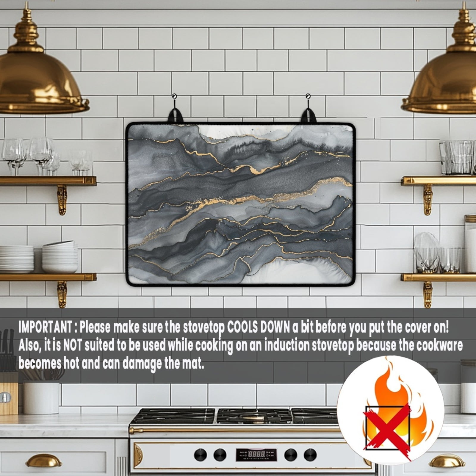 Renewold Electric Stove Top Cover for Stove Top, Induction Electric Stove Protector Non-slip Glass Cooktop Cover Range Cover Multipurpose Flat Top Stove Mat, Black Gold Marble
