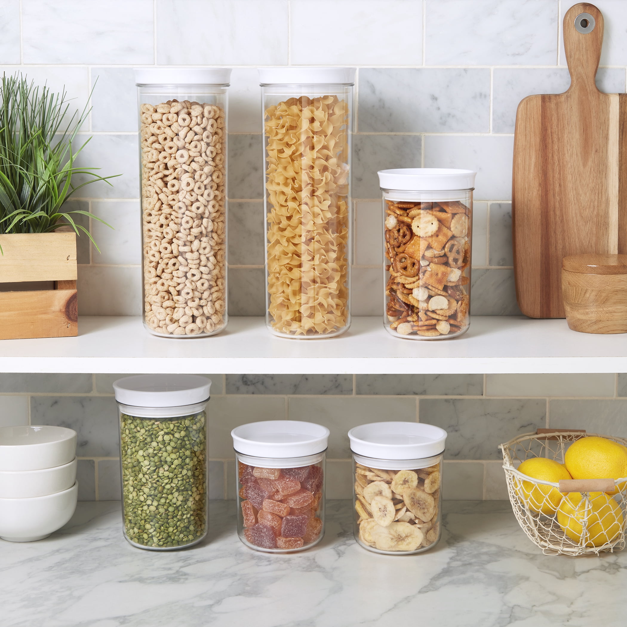 Mason Craft & More 6 Piece Clear Plastic Tall Food Storage Canisters Containers Set Airtight Dishwasher Safe, 18 oz. / 29 oz. / 51 oz.