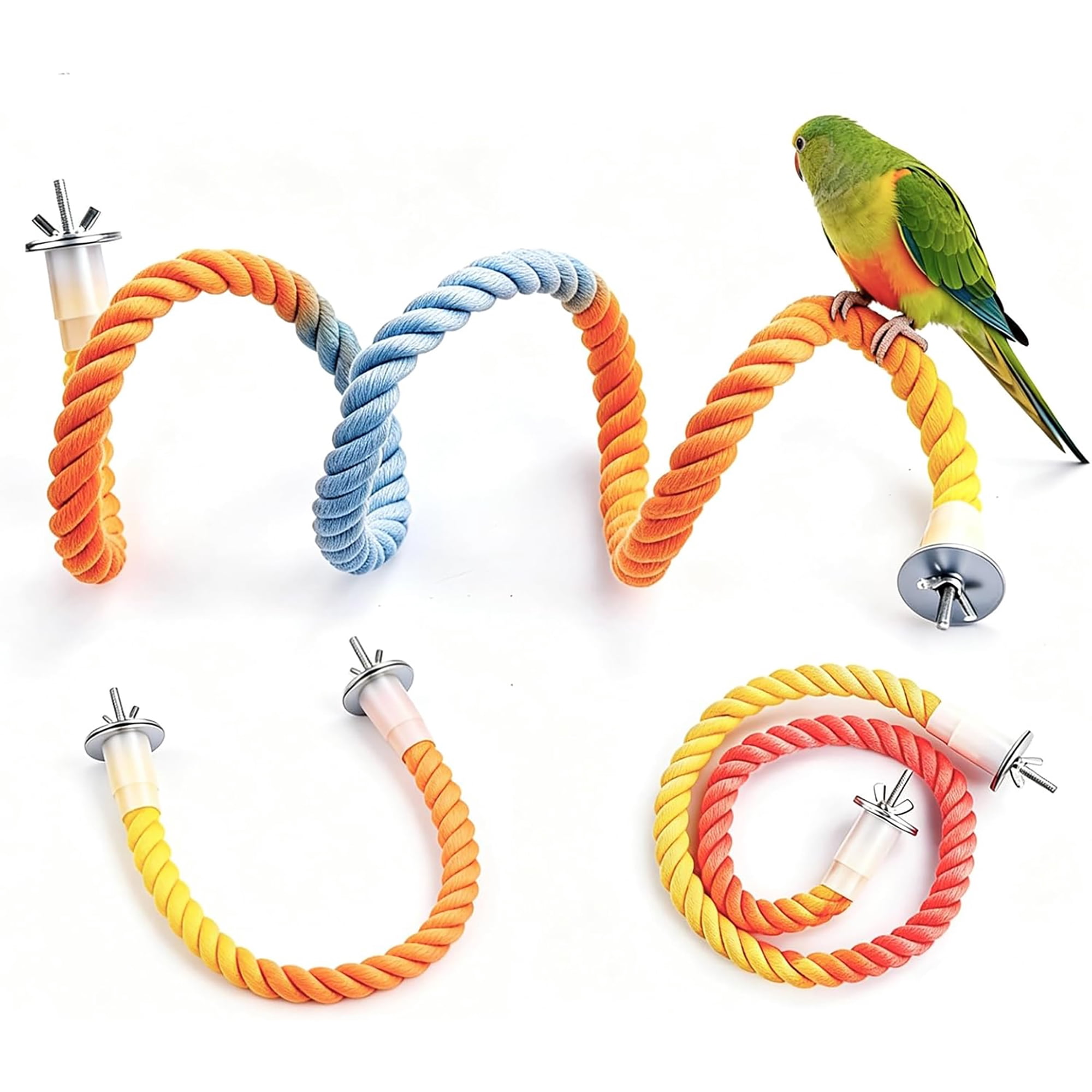 XIBUFE Colorful Flexible Bird Rope Perch for Small & Medium Parrots - Bendable Cotton Rope Parrot Perch Set, 3-Size Perches for Cage, Parakeet, Cockatiel, Lovebird Bird Accessories
