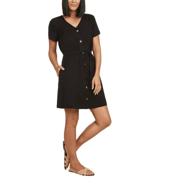 Matty M. Women's Short Sleeve V-Neck Button- Front Above Knee Dress Black M, NWT