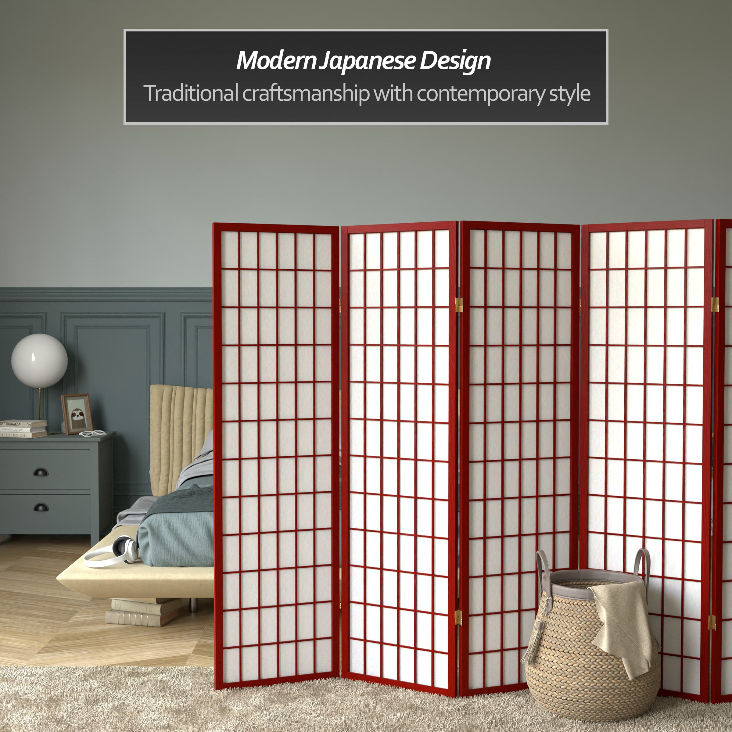 Red Lantern 5 ft. Tall Window Pane Shoji Screen - Rosewood - 6 Panels