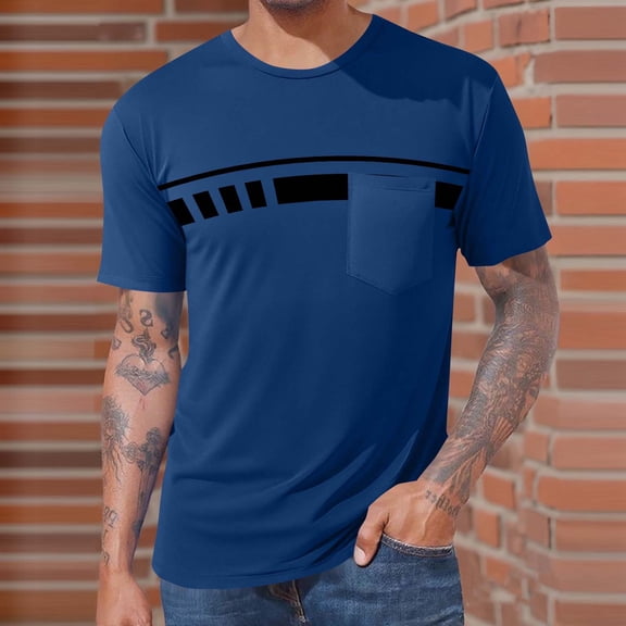 Fnnxeal Men's 2XL Dark Blue T-Shirt - Stretchy Crew Neck with Chest Pocket, Polyester Blend, Casual Everyday Wear