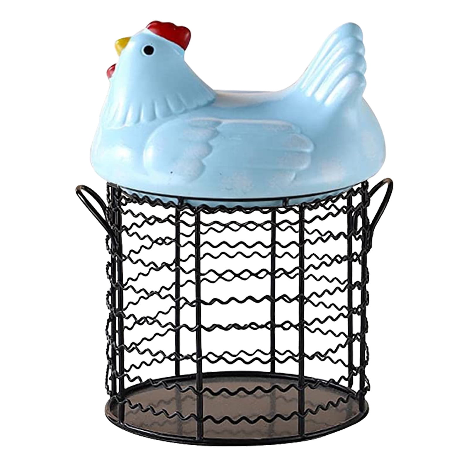Huayishang Storage Box, Kitchen Essentials Clearance Sale Colorful Design Eggs Basket Ceramic Chicken Shaped Lid Round Wire Basket Bottom Handle Metal Wire Eggs Storage Basket With