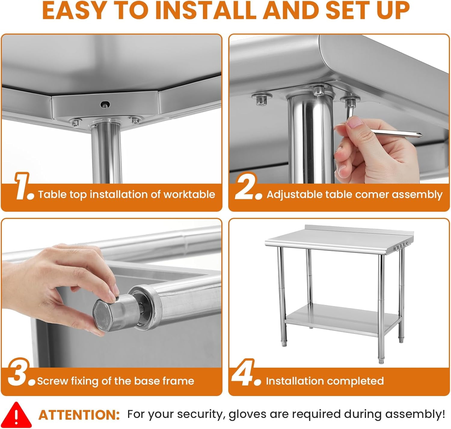 Tuekys Stainless Steel Table with Hooks,Metal Prep Table with Backsplash & Adjustable Undershelf,Curved Edge,Heavy Duty Food Prep Worktable for Home