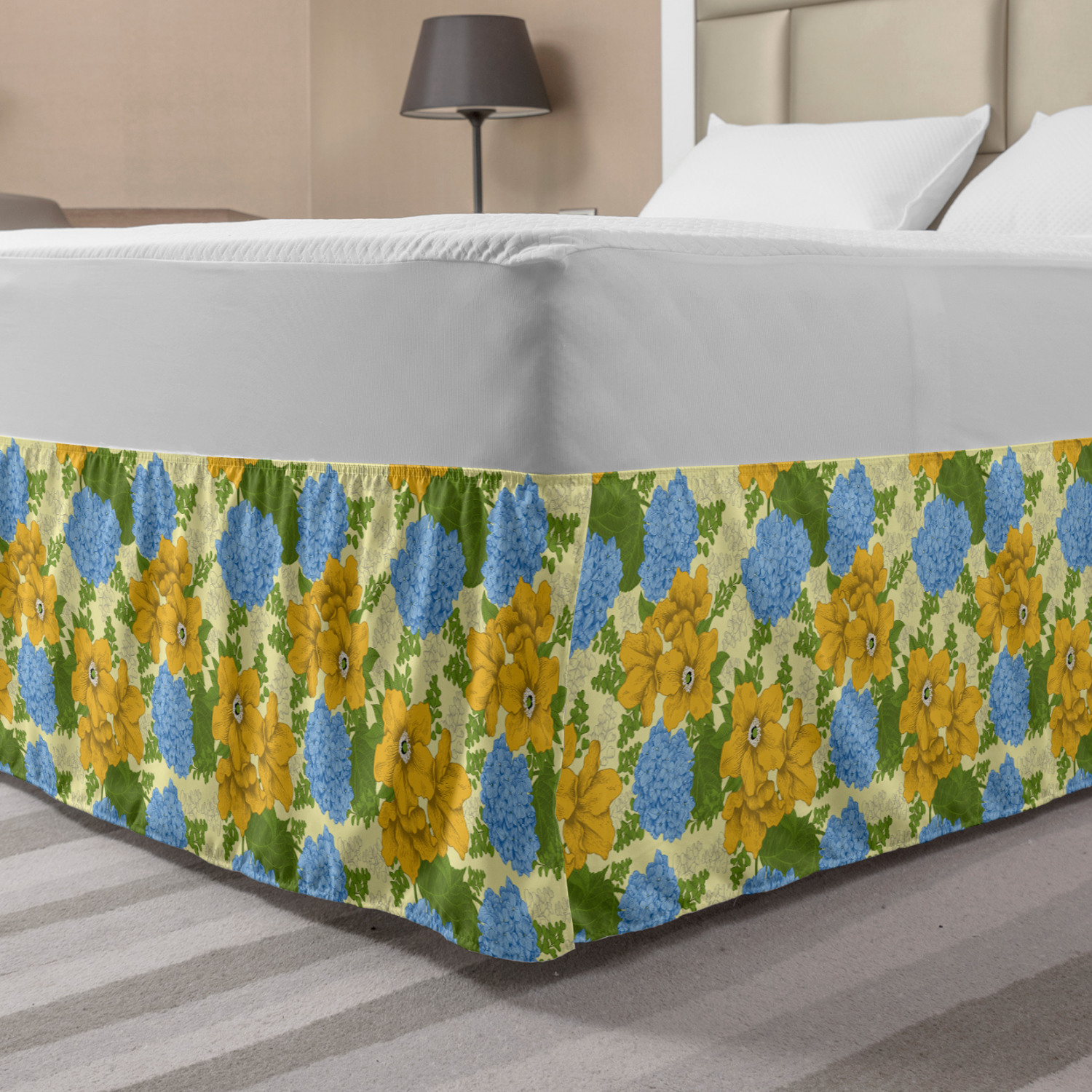 Shrups Pattern Vintage Bed Skirt, Nostalgic Inspiration Pastel Color Hydrangea Shrubs ...
