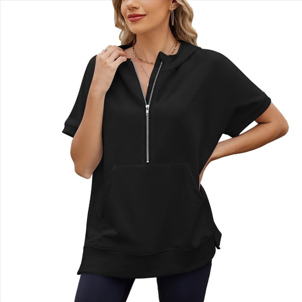 Sudadera con Capucha de Media Cremallera para Mujer, de Corta, Informal, con Bolsillos. Negro XXL