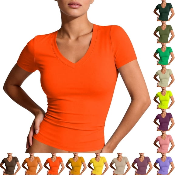 Womens Basic V Neck Short Sleeve Spring T Shirts Slim Fit Crop Y2k Tee 2026 Summer Gym Workout Cute Top Orange 2XL