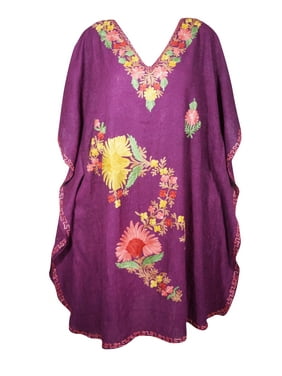 Mogul Women Purple Floral Embroidery Caftan Dress V-Neck Kimono Resort Wear Mid Length Cover Up Kaftan Dresses 2XL