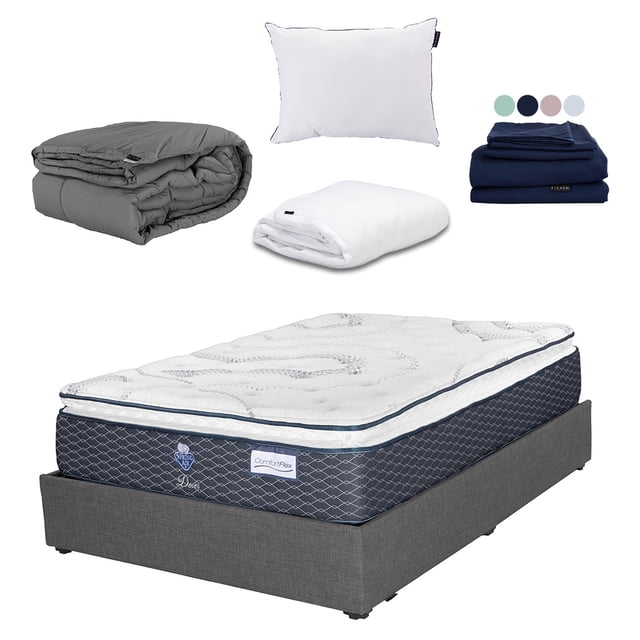 Colchón Matrimonial Dover + Base Cama + Almohada One + Protector Cloud + Sábanas Softy + Edredón Homy