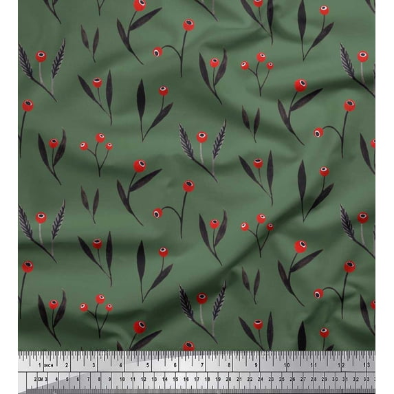 Soimoi Green Cotton Duck Fabric Red Berries & Leaves Print Fabric by the Yard 42 Inch Wide