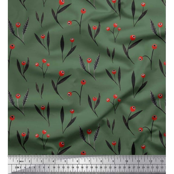 Soimoi Green Cotton Duck Fabric Red Berries & Leaves Print Fabric by the Yard 42 Inch Wide