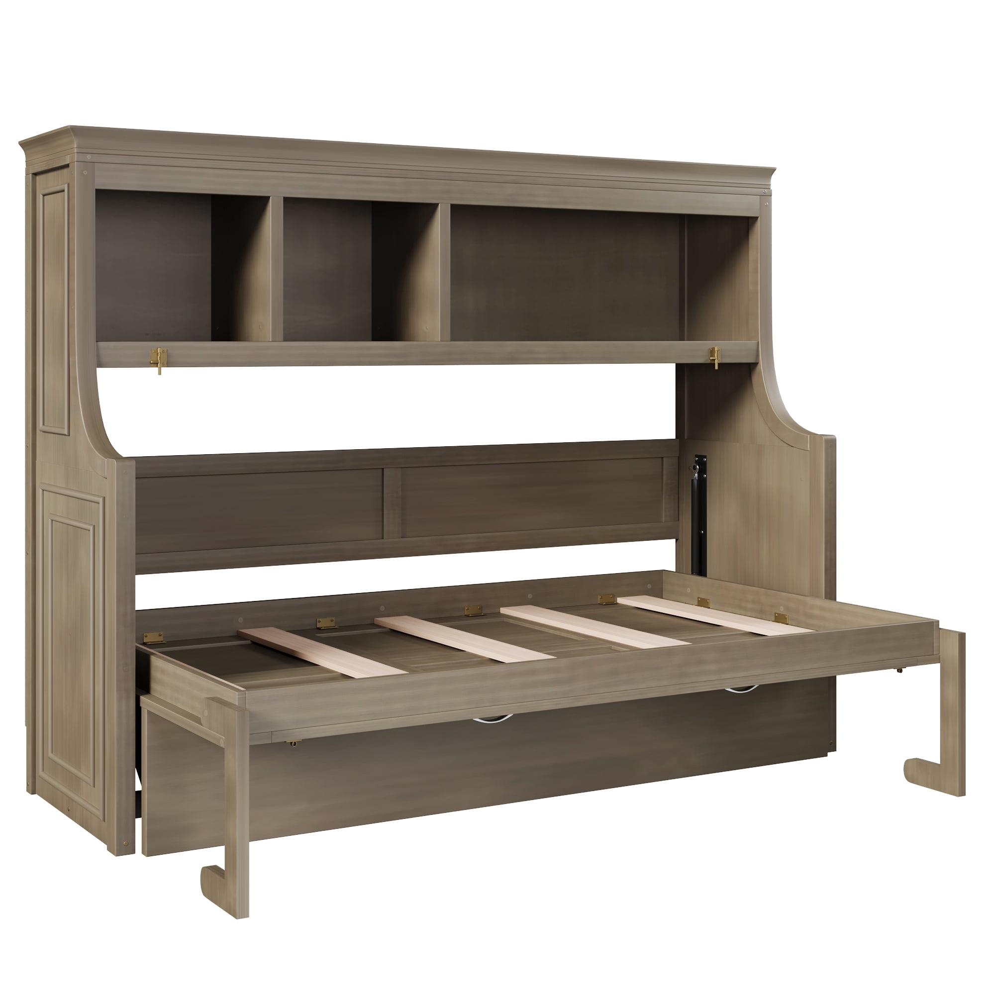 Euroco Twin Size Murphy Bed with Desk and Shelves, Convertible Wall Bed with Cabinets, Grey Wash