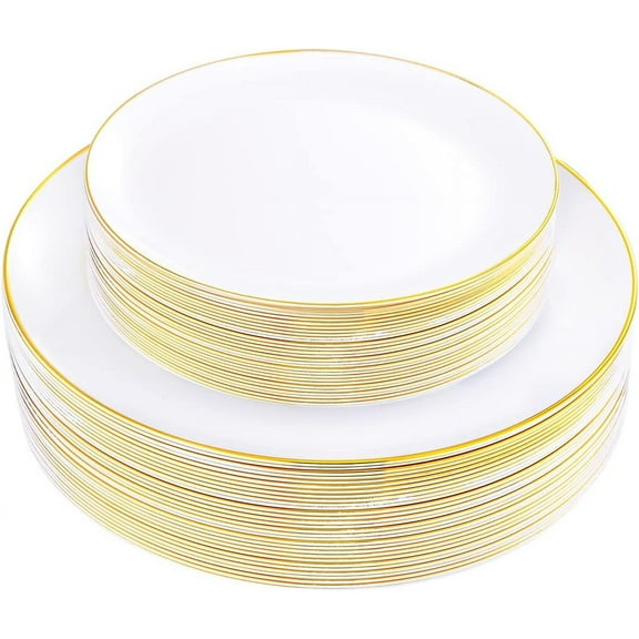 60PCS Gold Plastic Plates - Thanksgiving Heavy Duty White Disposable Plates with Gold Rim for Party/Wedding- Include 30Pieces 10.25inch Dinner Plate and 30Pcs 7.5inch Dessert Plate