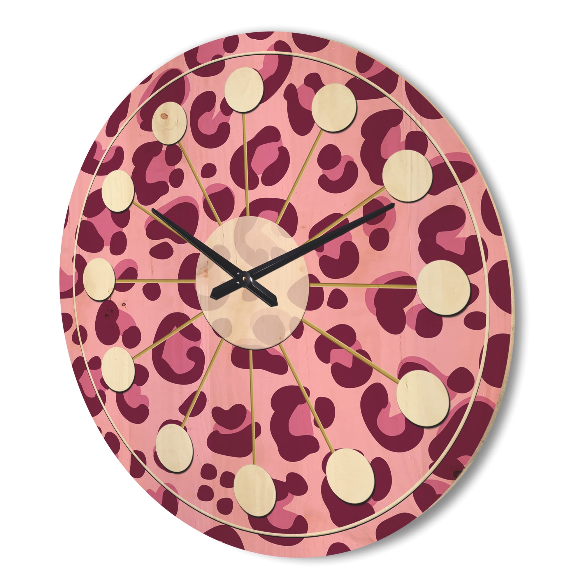 Designart 'Pink Leopard Pattern Retro' Mid-Century Modern Wood Wall Clock