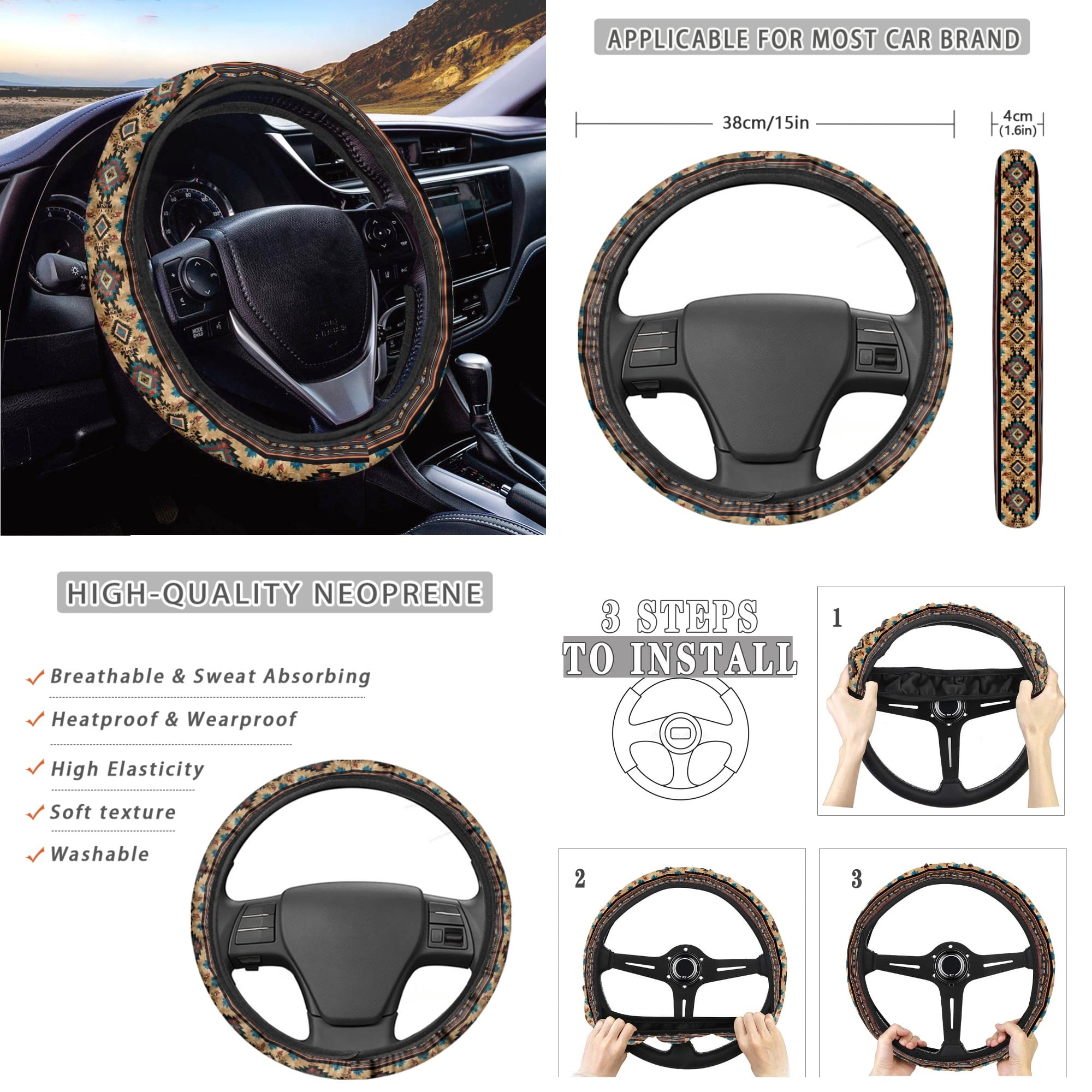 Yuyamidu 14pcs Western Aztec Car Seat Cover Split Cover Cactus Steering Wheel Cover Seatbelt Pads Auto Armrest Cover Trash Bin Rearview Mirror Cover Handbrake Cover Set Cup Coasters