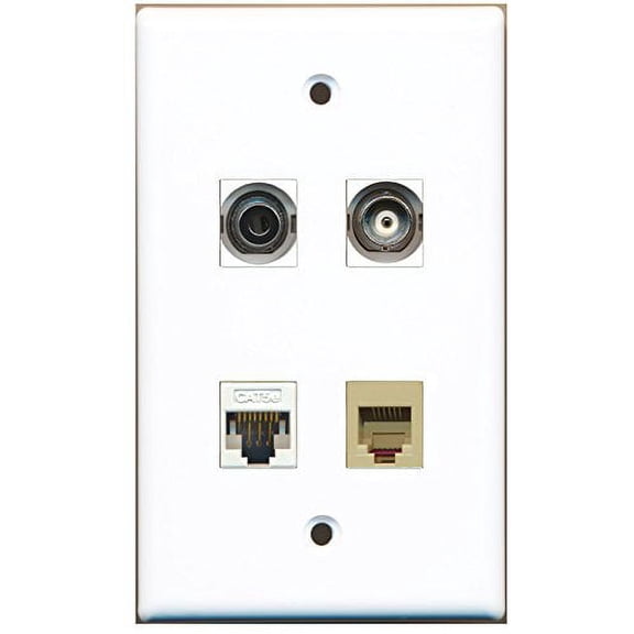 RiteAV - 1 Port Phone RJ11 RJ12 Beige 1 Port 3.5mm 1 Port BNC 1 Port Cat5e Ethernet White Wall Plate
