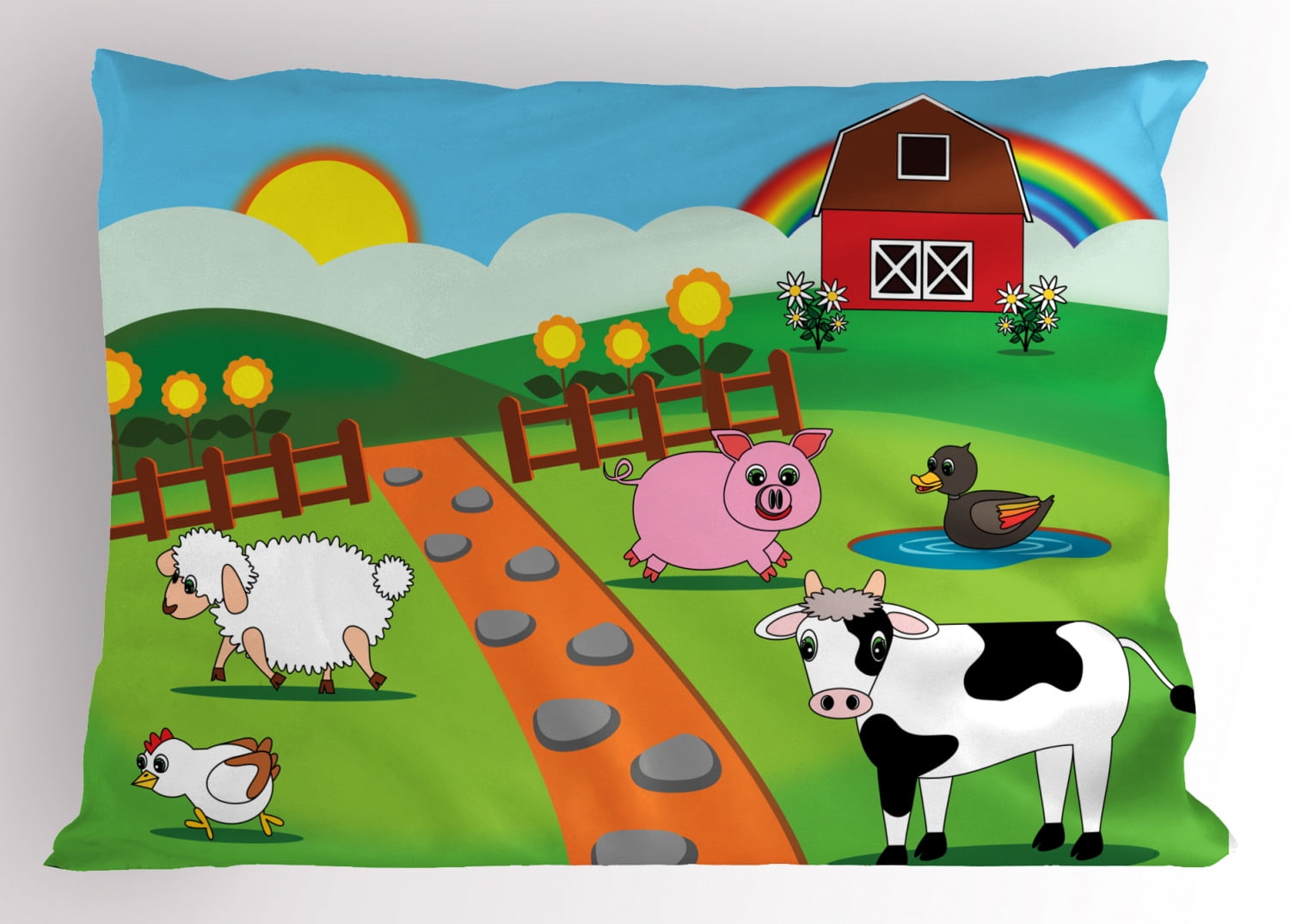 Cattle Pillow Sham Cartoon Farmhouse Life for Animals Theme with Pig