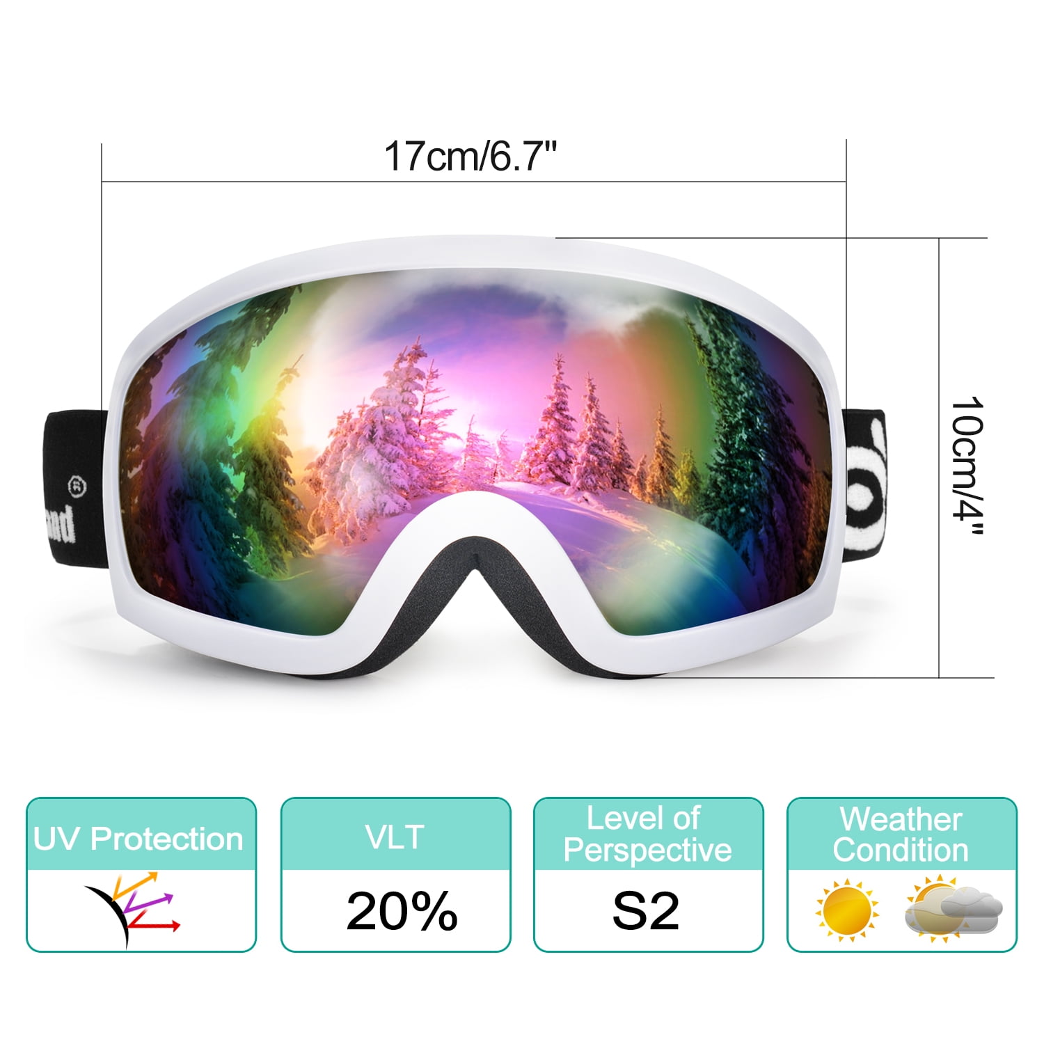 Odoland S2 General OTG Ski Goggles Double Anti-Fog Lenses w UV400 Protection for Adult Snowboarding Skating Sledding by