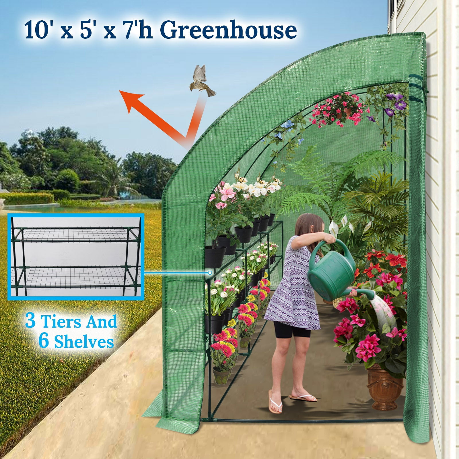 SUNRISEUMBRELLA 10x5x7'H Lean to Walk-in Wall Greenhouse Outdoor Waterproof Hot House w 3 Tiers/6 Shelves Gardening (Green, 1 Door)