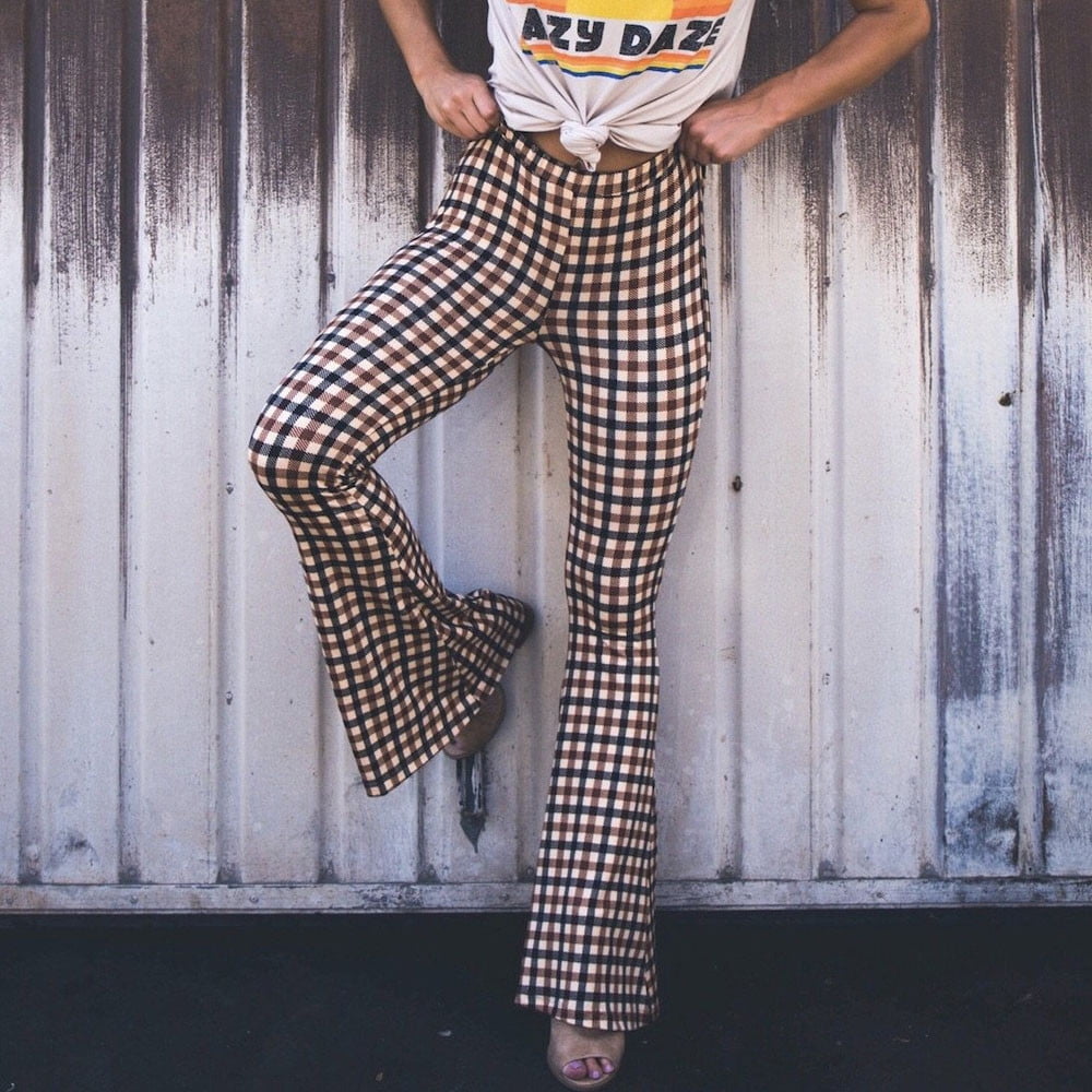 drppepioner Fashion Women Ladies Flare Pants Plaid Printing Casual Pants Trousers Walmart