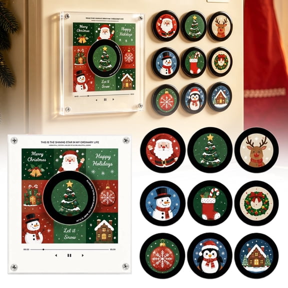 Christmas Mini Vinyl Player Music Box, NFC Music Player with 9 Mini Record Discs, Magnetic Fridge Music Decor with LED Light, Retro Audio Gift