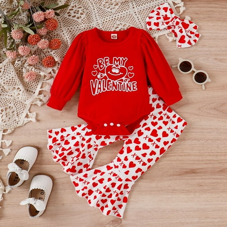 

Ruidigrace Toddler Girls Valentine s Day Long Sleeve Letter Romper Bodysuits Hearts Printed Bell Bottoms Pants Headbands Kids Outfits