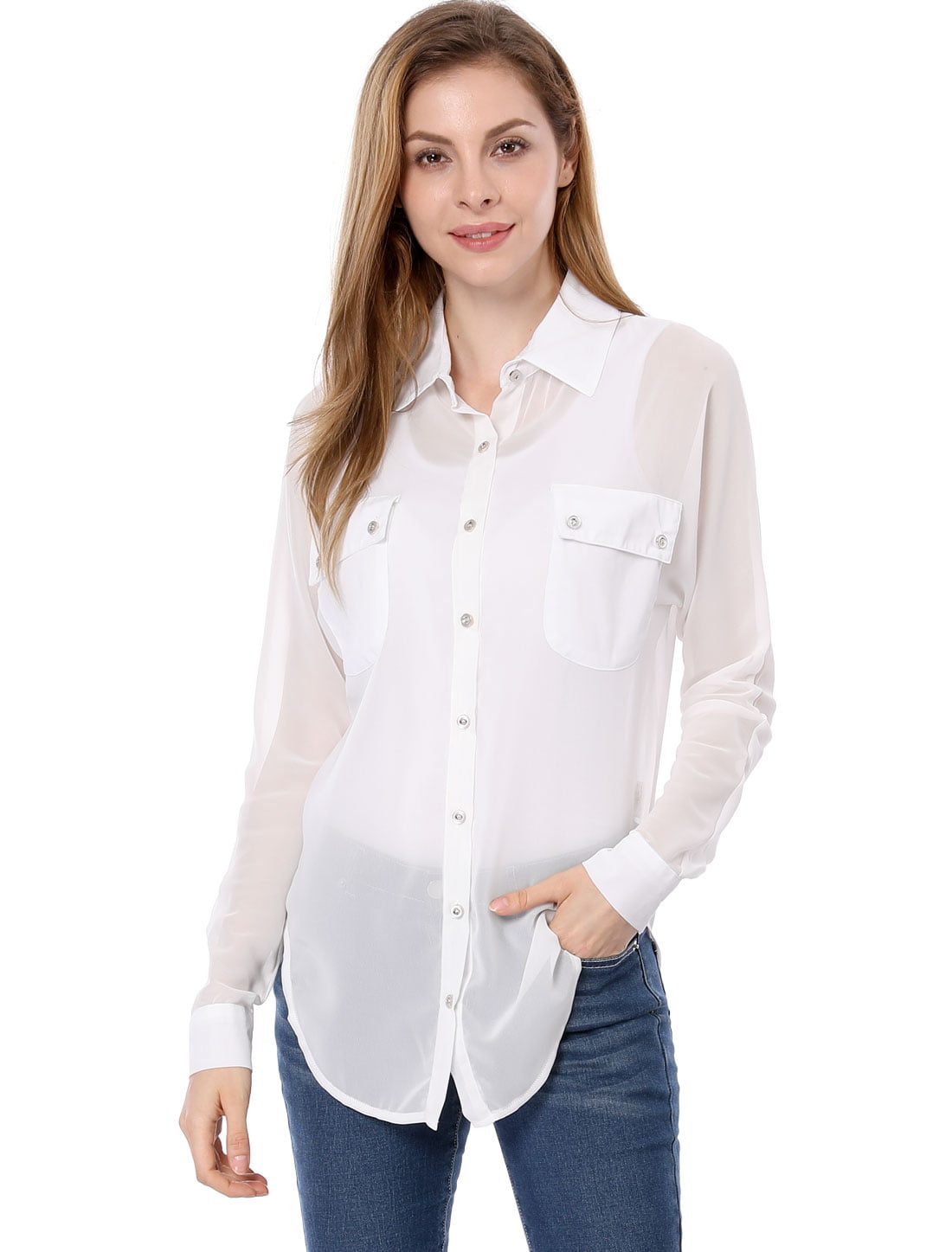 Women Pockets Front Dolman Sleeves Long Chiffon Shirt White L | Walmart ...