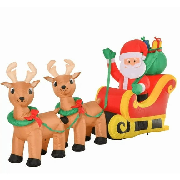 HOMCOM 8ft Long Christmas Inflatable Santa Claus with Sleigh and Reindeer  Outdoor Blow-Up Yard Decoration with LED Lights Display
