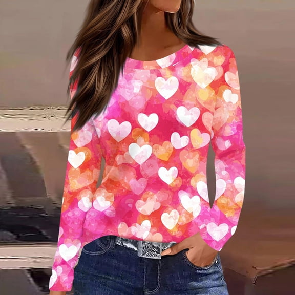 Guieoi Womens Valentines Plus Size Tops Love Heart Graphic Valentine's Day Womens Graphic Tee Long Sleeve Cute Hearts Shirt Tops Pink M