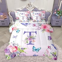 Homewish Girls Monogrammed T Twin Bedding Sets 7-Piece, Romantic Garden Rose Flower Bedding Comforter Set, Cartoon Butterfly Animal Reversible Sheet Sets, Microfiber Bedroom Decor