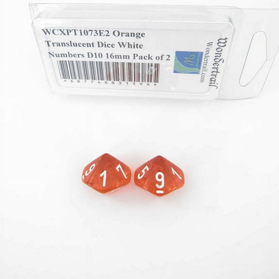 Orange Translucent Dice with White Numbers D10 Aprox 16mm (5/8in) Pack of 2 Wondertrail